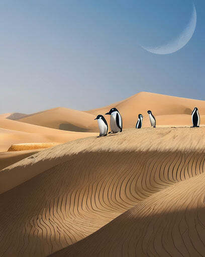 Penguins walking in the desert